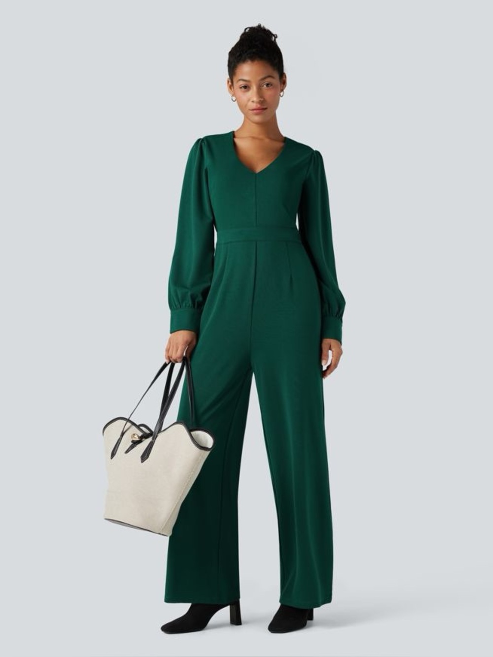 Halara V-Neck Puff Sleeve Work Jumpsuit Pockets NWT Medium - Picture 7 of 9
